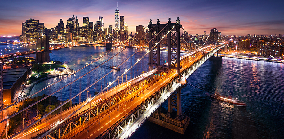 Sunset view of NYC in an aerial view